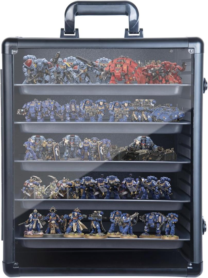 Miniatures Storage Case Modular Miniatures Transport Case with 5 Trays,Miniatures Carrying Transport Display Storage Case Aluminum Alloy Frame (Black)