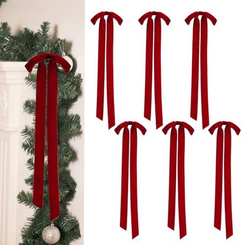 Biggun 9x24in Large Velvet Bows for Christmas Tree Decorations - 6 Pcs Velvet Ornaments with Tie for Christmas Wreath Garland Fireplace Decor, Burgundy