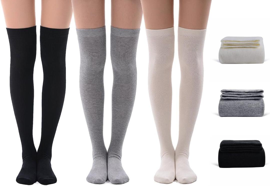 MEIKAN Thigh High Socks for Women, Fashion Cotton Cosplay Over Knee High Socks 3 Packs (White,grey,black)