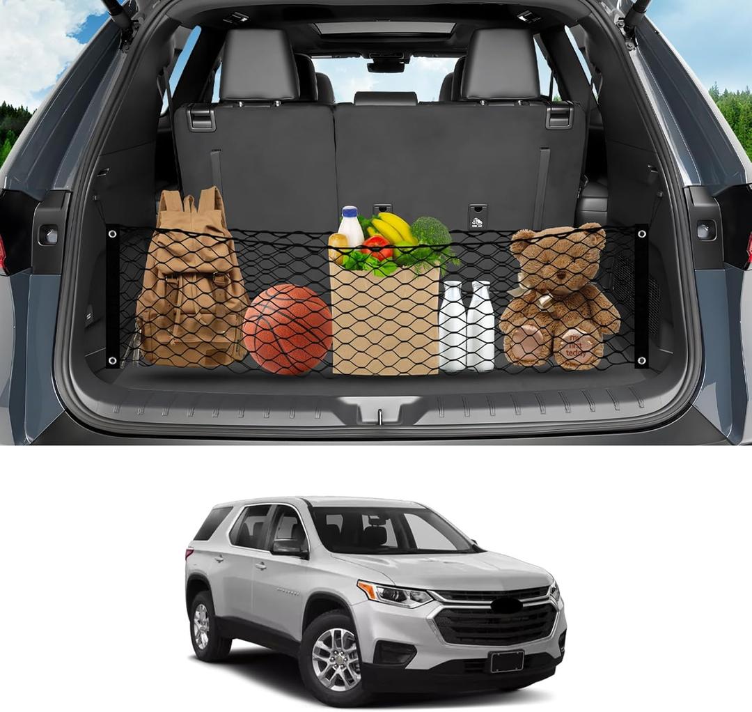 Karltys Envelope Style Cargo Net for 2018-2024 2025 Chevy Traverse Accessories, Elastic Rear Trunk Mesh Cargo Net for Traverse Heavy Duty Nylon Mesh Storage Netting with Metal Hooks