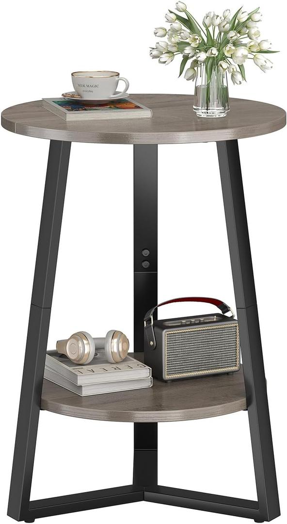 sthmec Small Round End Table, 2 Tier Side Table with Storage Shlef,Coffee Table Wooden Tabletop & Metal Frame,Round Accent Table Small Nightstands Couch Tables for Bedroom,Livingroom, Grey, 15.75''D x 15.75''W x 21.62''H