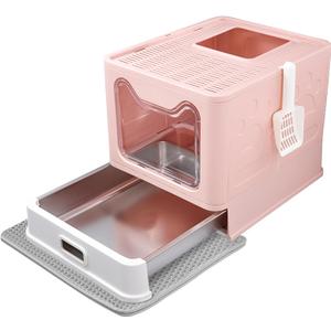 Tehoao Enclosed Cat Litter Box with Lid Top Exit Covered Metal Stainless Steel Litter Box Leak Proof & Odorless Easy to Clean Including Cat Litter Scoop and Litter Mat (Pink)