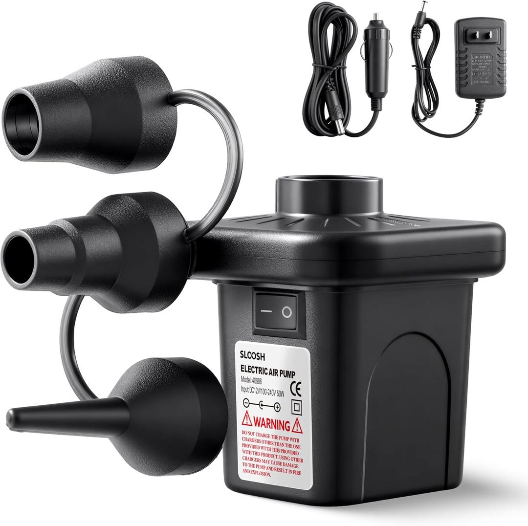 SLOOSH Electric Air Pump for Inflatables, Quick-Fill Inflator Deflator with 3 Nozzles, Portable Air Mattress Pump for Beds, Pool Floats, Swimming Rings,Outdoor Camping Inflatable, AC/DC Adaptors