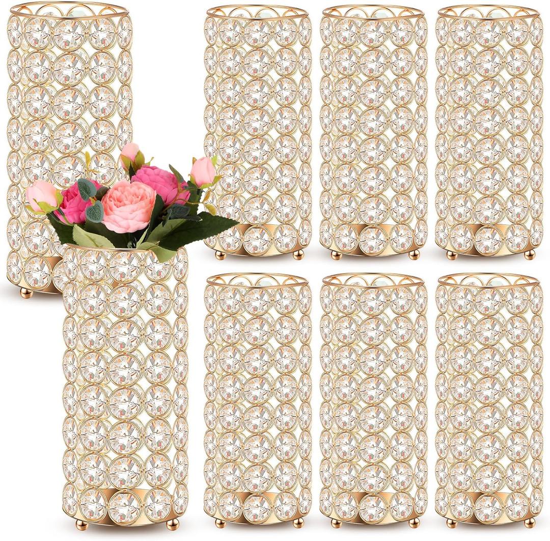 Dandat 8 Pcs Crystal Flower Vase for Wedding Table Centerpieces 7.87 in Crystal Pillar Candle Holder Metal Cylinder Flower Vase Stand for Wedding Decor Gifts Arrangement Event, (Gold)