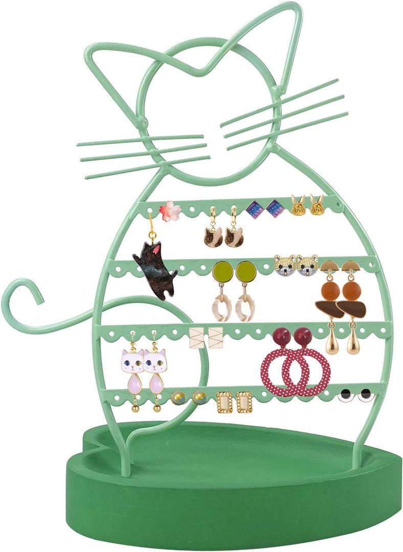 ERYTLLY Earring Holder Organizer, Cat Shaped Earring Organizer Stand With Wood Base Necklace Organizer-47 Stud Earrings Holes Bracelet Holder (Mint Green)
