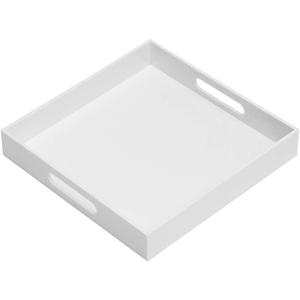 KEVLANG Glossy White Sturdy Acrylic Serving Tray with Handles-14x14Inch-Serving Coffee,Appetizer,Breakfast,Butler-Kitchen Countertop Tray-Makeup Drawer Organizer-Vanity Table-Ottoman Tray