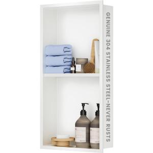 304 Stainless Steel Shower Niche Insert-Glossy White 24 x 12 No Tile Needed Bathroom Niche for Shower Wall-Double Shelves Built in Shower Shelf-Waterproof Recessed Cabinet for Bathroom