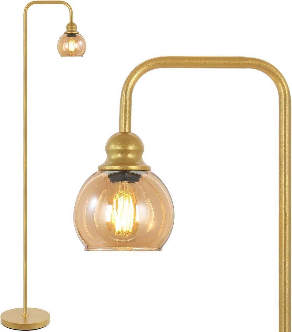 Modern Floor Lamp for Living Room with 6W LED Bulb, Industrial Floor Lamp, Amber Glass, Classic Reading Tall Lamp for Home Office, Standing Lamp for Study, Minimalist, Vintage, Mid Century, Brass Gold