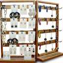 Wooden Foldable Jewelry Display Stand with Removable 32 Hooks, Earring Cards necklace bracelet Keychain Showcase Cascading Merchandise Organizer For Selling For vendor eventsDARK BROWN