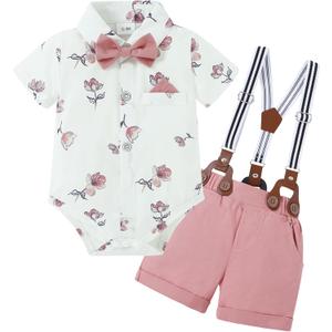 Nilikastta Baby Boy Outfits Infant Boys Clothes Dress Shirt/Bowtie/Suspender Shorts Wedding Party 0-18M (6-12 Months)