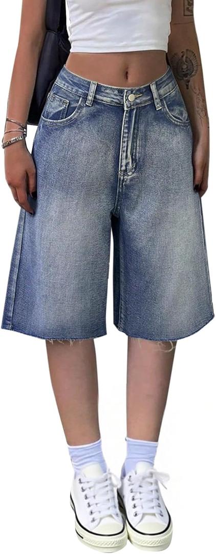 LovelyWholesale Baggy Jorts Bermuda Shorts for Women Knee Length Low Rise Denim Jean Shorts Blue X-Large (XL)