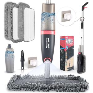 Microfiber Spray Mop for Floors Dry and Wet Mop with Dusting 360 Rotation for Kitchen, Hardwood, Laminate, Tile Floors Includes 4 Refill Heads, Scraper, Holder & Spray Bottle (Grey Pink)