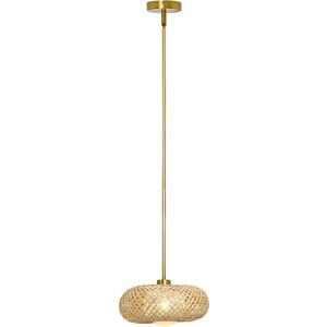 Bamboo Opal Glass Brass Pendant Light Fixture, 9.8 Hand-Woven Bamboo Shade, for Kitchen Island Living Room Bedroom, Modern Farmhouse Boho Light Fixture