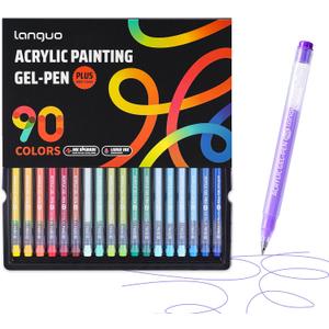 languo Acrylic Gel Pens for Coloring, 90 Colors Set 3D Acrylic Paint Pens with 1.0mm Bullet Tip for Adult Coloring, Colored Gel Pens for Black Paper, Rock, Glass, Fabric, DIY and Art Crafts Supplies
