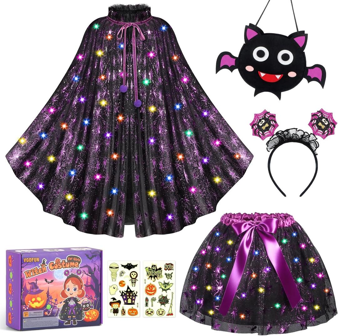 VGOFUN Girls Halloween Costume, Light Up Witch Costume for Girls Dress Up Witch Cape with LED Light Up Tutu Skirt,Spider Headband, Trick or Treat Bucket Bag Gift Toys for Toddlers Ages 3 4 5 6