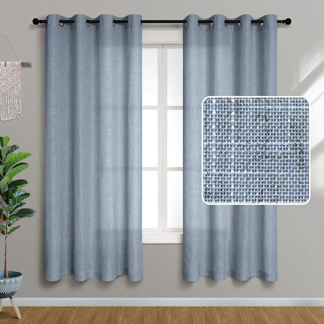 72 Inch Length Dusty Grey Country Blue Curtains for Living Room 2 Panel Set Sheer Semi Blackout Linen Curtains for Bedroom