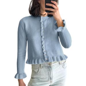 Wyeysyt Womens Cropped Cardigan Sweaters Ruffle Crewneck Button Down Cardigans 2026 (Small, Blue)