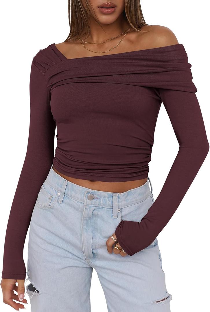 ANRABESS Womens One Off Shoulder Shirts Long Sleeve Going Out Crop Tops Ruched Tight Casual Blouse 2025 Trendy (Small, Burgundy)
