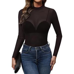 GAMISS Mesh Tops for Women Mock Neck Mesh Tops Fitted Trendy Tops Mesh Tee Black, M