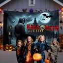 Halloween Backdrop Spooky Night Scene with Full Moon Grim Reaper Bats Tombstones and Forest Horror Style Photography Prop Suitable for Indoor Decoration Outdoor Gardens and Haunted House Theme Parties