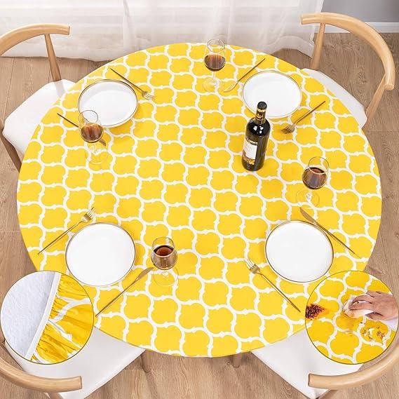 UMINEUX Round Fitted Vinyl Tablecloth with Elastic Edged & Flannel Backing, Waterproof, Round Table Cover for Indoor Outdoor Patio Use - Fits Tables up to 40" - 44" Diameter(Yellow Moroccan)