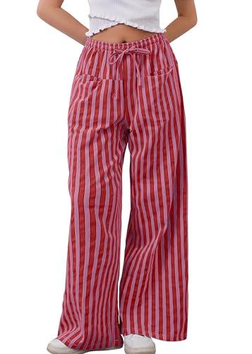 MISSACTIVER Women Drawstring Striped Pants Loose Wide Leg Trousers Casual Low Waist Pants Comfy Lounge Pants with Pockets L, Big Red