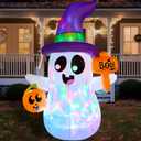 Joiedomi 5 FT Halloween Inflatables Ghost Outdoor Decorations, Blow Up Cute Wizard Ghost with Pumpkin, Blow Up Yard Decoration with Rotating Colorful LED for Halloween Lawn Garden Party Decor