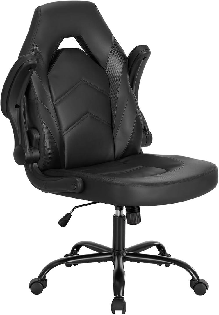 Sweetcrispy Computer Gaming Desk Chair - Big Tall Ergonomic Lumbar Support with Flip-up Armrest and 360 Swivel Wheels, PU Leather Height Adjustable, for Home and Office, Black
