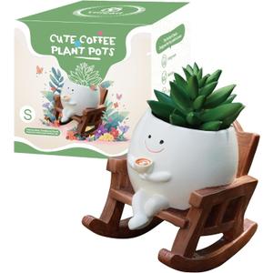 Smiley Face Planter Pot, Cute Coffee Plant Pots for Indoor Outdoor,Unique Rocking Chair Plant Pot for Succulents Plants Live with Drainage Hole,Gift IdeaI for Mother and Appreciation Christmas (Small)