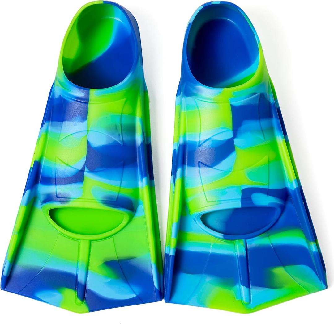 Kids Swim Fins, Short Comfortable Flippers for Lap Swimming and Training for Child, Girls, Boys, Beginners (XXXS(US Kids 9-10.5), Colorful-Green)