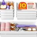 10 Pack Large Size Plastic Drawer Organizers Set, 3 Sizes Desk Drawer Organizer Trays, Storage Bins for Vanity, Makeup, Bathroom, Kitchen Utensils and Office (White)