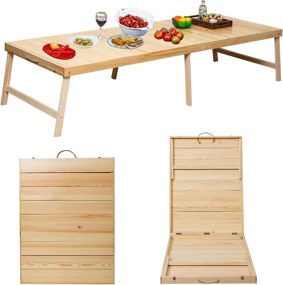 Foldable Boho Wooden Picnic Table, No Assembly Required Portable Outdoor Indoor Low Picnic Table for Floor Seating, Beach, Camping, BBQ, Backyard, 80" x 30", Seats 8–10 People