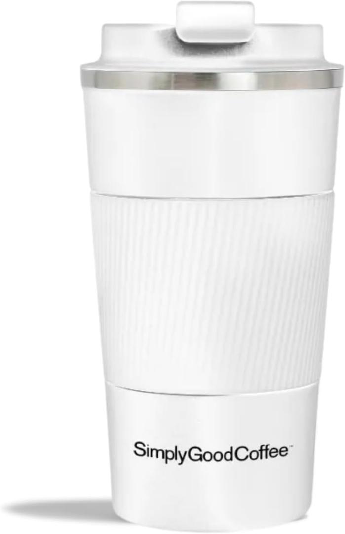 Simply Good Coffee Insulated Travel Coffee Mug. White Coffee Tumbler with Spill-Proof Flip Lid 17 oz, Stainless Steel Coffee Mug. Thermos Cup, Keeps Cold and Hot for 4 hours