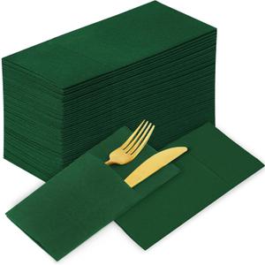 KAMMAK Dark Green Napkins Disposable with Pocket Cloth Like Dinner Paper Napkins 100 Pack Folded Guest Hand Towel for Party Decoration, Wedding Reception, Bathroom or Restaurant (16.5 x 16.5 inch)