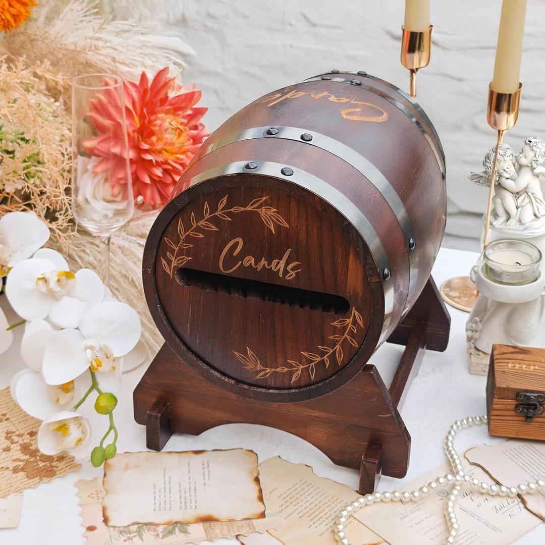 OurWarm Wooden Card Box for Wedding, Vintage Gift Card Box with Base, Whiskey Barrel Wedding Card Boxes for Reception Party Graduation Bridal Baby Shower Birthday Decoration (brown)