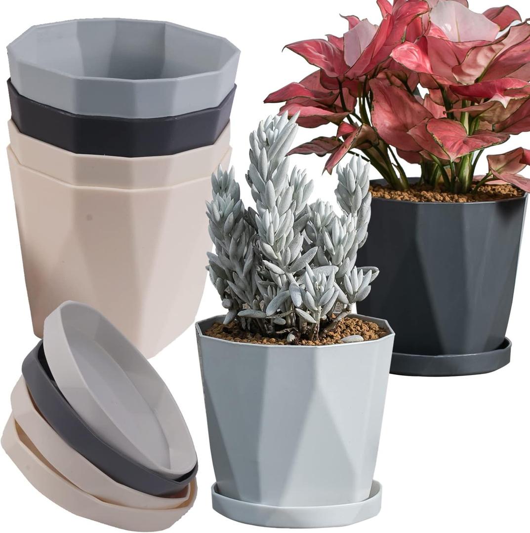 InmeRun Plant Pots Indoor Plastic Flower Pots Outdoor 5 inch Set of 6 Pack with Drainage Holes and Saucers for Garden Pots (5inch-6pcs) (Multicolor)