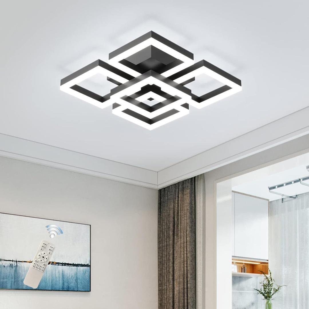 GEADI Modern LED Ceiling Light, 64W Dimmable Black Flush Mount Light 5-Square Ceiling Lamp with Remote Control, Acrylic Ceiling Chandelier Lighting for Living Room Bedroom Office, 3000K-6500K (17.7in-64W/Black)
