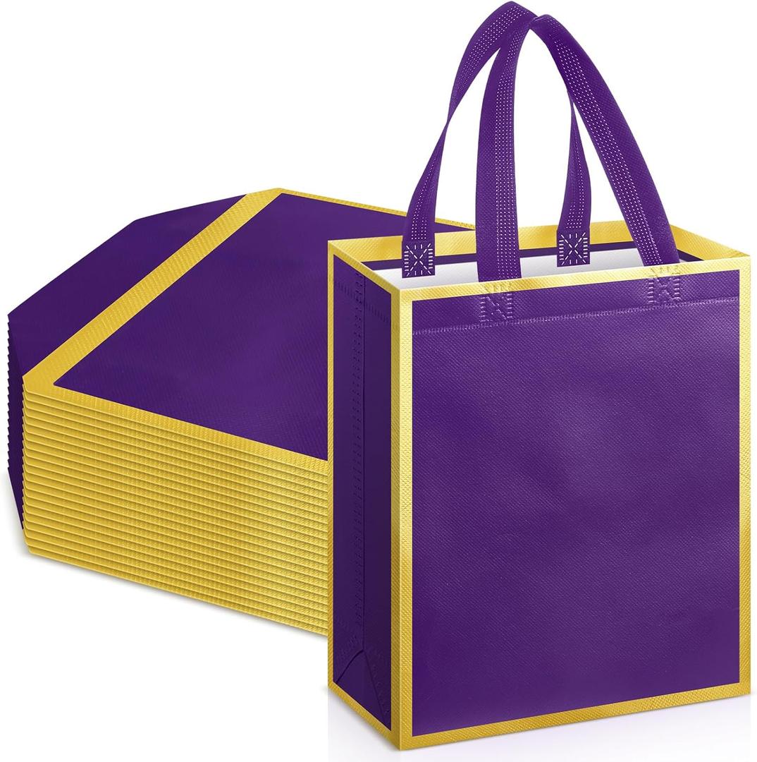 24 Pcs Reusable Gift Bags with Handles 10 x 8 x 4 Thank You Non Woven Tote Bags for Wedding Birthday(Purple Gold)