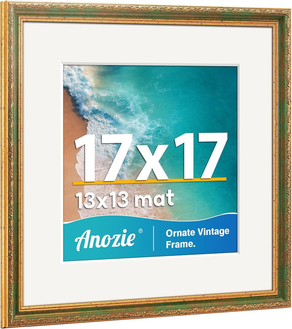 Vintage 17x17 Picture Frame, Antique Gold Photo Frames with Plexiglass Front,Ornate Square 17x17 Frame Display 13x13 with Mat or 17 x 17 Picture Frame Without, Wall Décor,1 Pack,Green