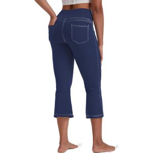 VOOVEEYA Women's Bootcut Leggings - Bootleg Yoga Pants Flare with 4 Pockets,Tummy Control High Waisted Casual Dress Pants (X-Large, Capri Bootcut-navy Blue)