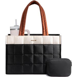 LOVEVOOK Tote Bag for Women, Puffer Work Handbag 15.6 Inch Laptop Purse for Nurse Teacher, Large Quilted Travel Tote Shoulder Bag with Zipper for College Office Clinical Gym, Cream-Black-Brown