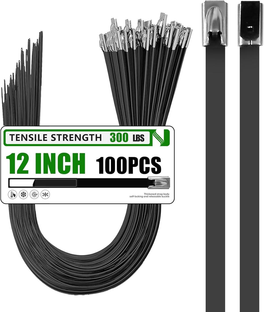 Metal Zip Ties 100 Pack 12 Inch, 304 Stainless Steel 300LBS Heavy Duty Zip Ties Black - Self-Locking Cable Ties for Exhaust Wrap，Chain Link Fence Parts, Outdoor Farms,Pipes