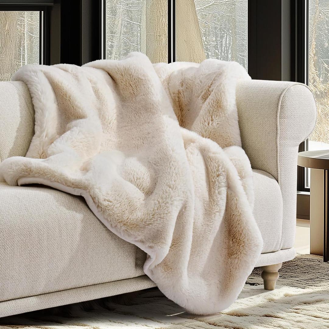 EVERGRACEHOME Luxury Soft Faux Chinchilla Fur Throw Blanket for Couch, Warm Thick Heavy Winter Throw Blanket 1220GSM for Bed, Fluffy Cozy Mink Blanket with Reversible Velvet, Arctic White, 50"x60"