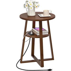 HOOBRO Round Side Table with Charging Station, Round Accent End Table with Bamboo Legs for Living Room, Bedroom, Brown, BR101UBZ01