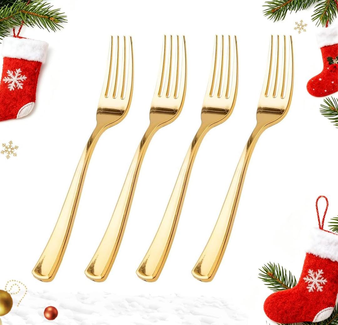 WDF 100 Pcs Gold Plastic Forks Heavy Duty - BPA-FREE, Sturdy&Durable Forks Disposable 7.4inch - Elegant Gold Forks for Dessert, Durable Plastic Cutlery for Thanksgiving Party, Wedding or Daily Using