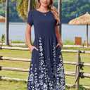HOTOUCH Women's Summer A-Line Midi Dresses 2026 Casual Floral Short Sleeve T-Shirt Dress Flowy Beach Sundress with Pockets (Blue, S)