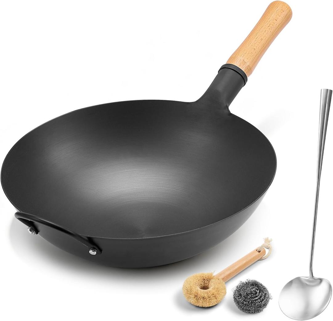 WANGYUANJI 14.2 Inch Round Bottom Carbon Steel Wok, Nitrided Iron Chinese Stir Fry Pan for Gas Wok Burner, Wok Ring Needed for Flat Gas Grates, Wooden Handle