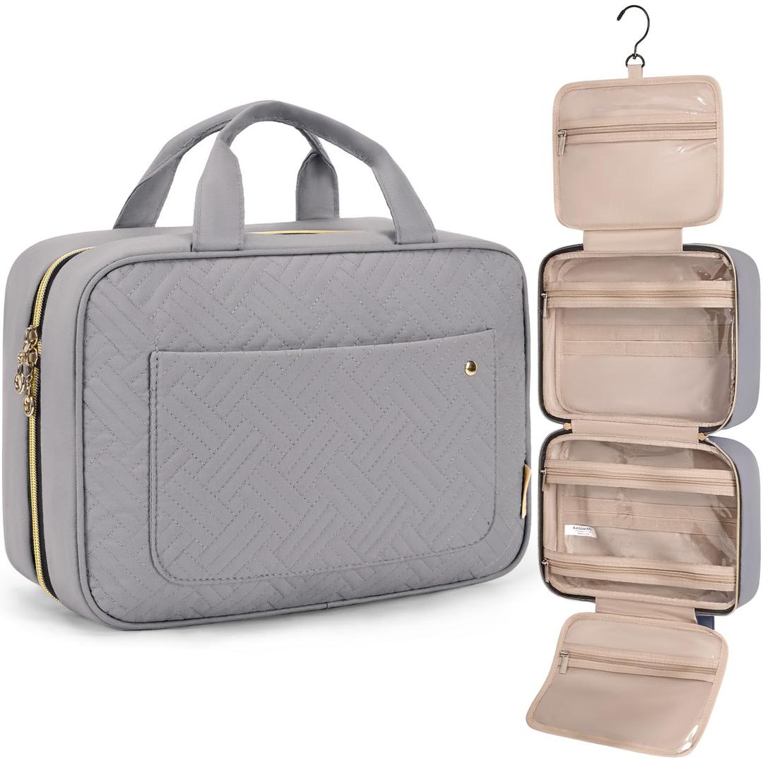BAGSMART Toiletry Bag Travel Bag with Hanging Hook, Water-resistant Makeup Cosmetic Bag Travel Organizer for Accessories, Shampoo, Full Sized Container, Toiletries Grey, Large