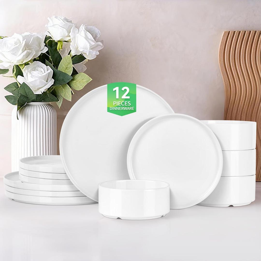 8 Pcs White Dinnerware Set for 4, Porcelain Kitchen Plates and Bowls Set, Ceramic Chip and Scratch Resistant Dishs Set - Dishwasher & Microwave Safe, QOMO-1996