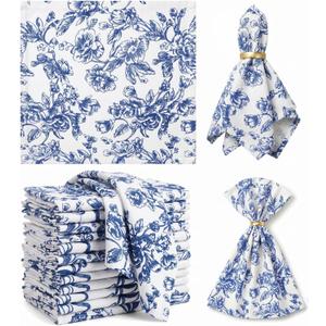 Mindsoft 12 Pack Blue Floral Cloth Napkins 18x18 Inch Reusable Linen Cotton Dinner Napkins Vintage Blue and White Table Napkin Cloth for Wedding Banquet Bridal Party Supplies